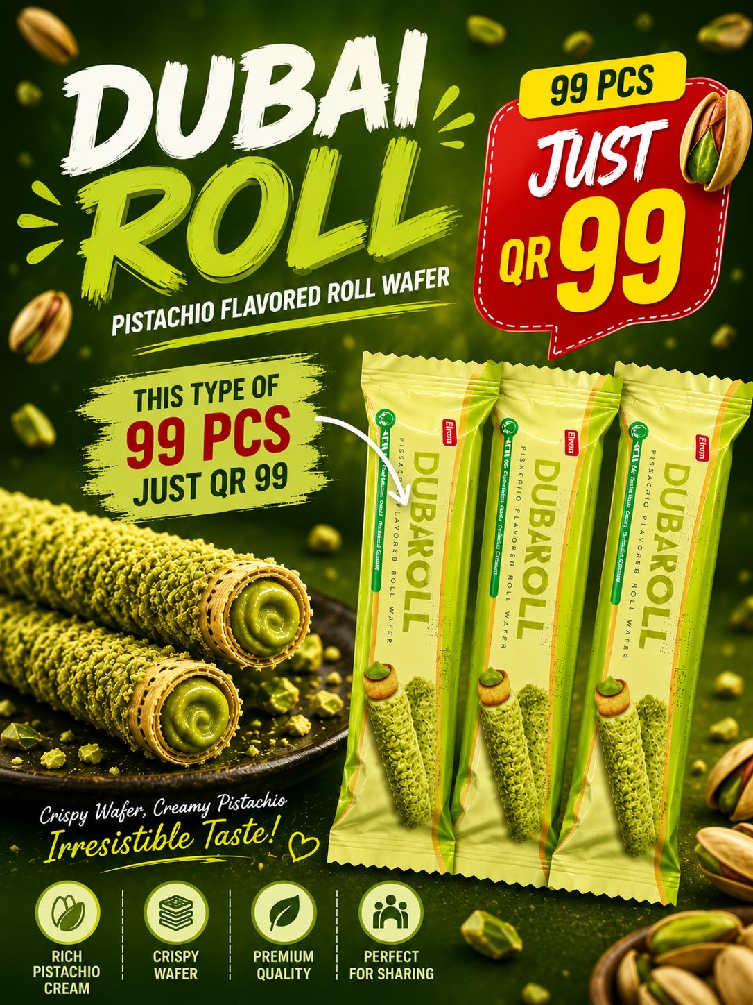 DUBAI ROLL – Pistachio Flavoured Roll Wafer
