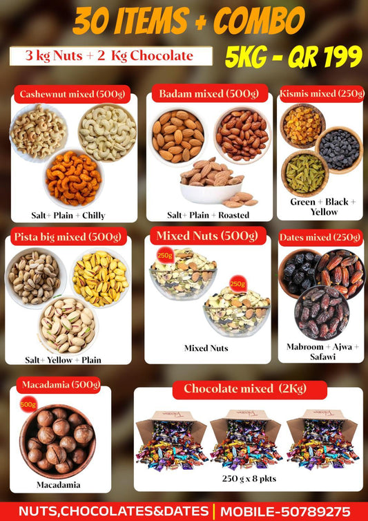 30 items+ combos(3kg nuts+2 kg chocolate)